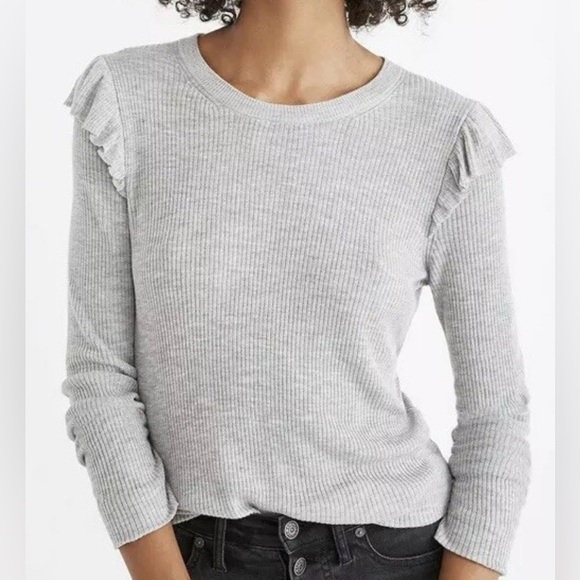 New Madewell Ruffle Shoulder Ribbed Knit Pullover Top Gray | Size L - Picture 1 of 13